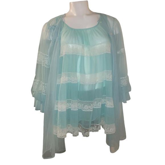 Miss Elaine 1960s Chic Blue Chiffon Lace Short Nightie w Sheer Robe 3/4 slv S/M - Picture 11 of 16